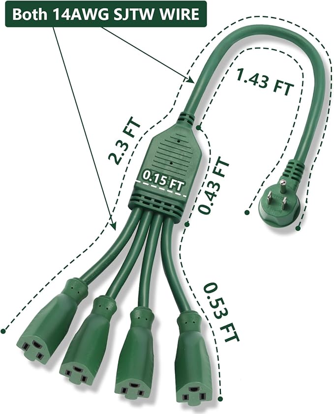 Flat Extension Cord Splitter 1 to 4, 90 Degree Plug Adapter 14AWG SJTW 15A 1875W, 4 Way Outlet Plug Splitter 3 Prong, Outdoor Plug Splitter 2.3ft Heavy Duty Cable for Indoor or Outdoor use, Green.