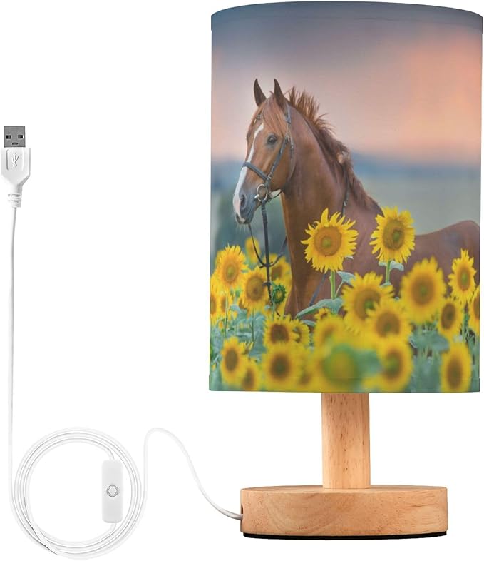 Table Lamp Red Stallion Horse Nature Sunflower Field Nightstand Lamp with Wood Base Fabric Lamp Shade Bedside Desk Lamp for Living Room Bedroom Kids Room Office