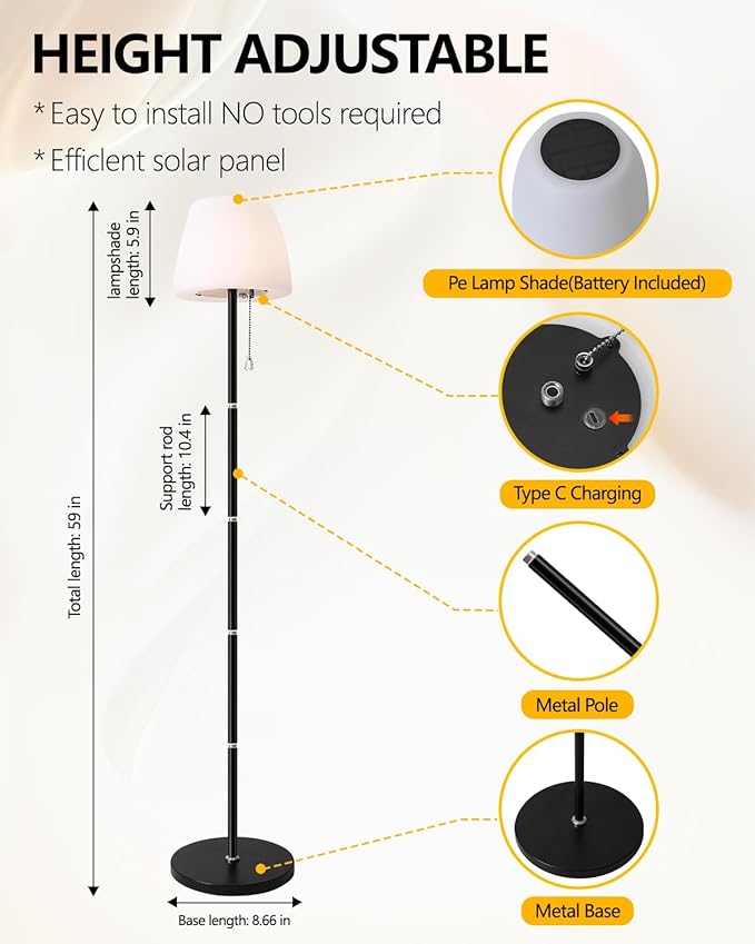 Solar Outdoor Floor Lamp - lP65 Waterproof, USB Rechargeable, 16 Colors & 4 Modes,Cordless Floor Lamp, Light Sensor & Remote Control, Adjustable Height for Garden, Yard, Balcony, Pool