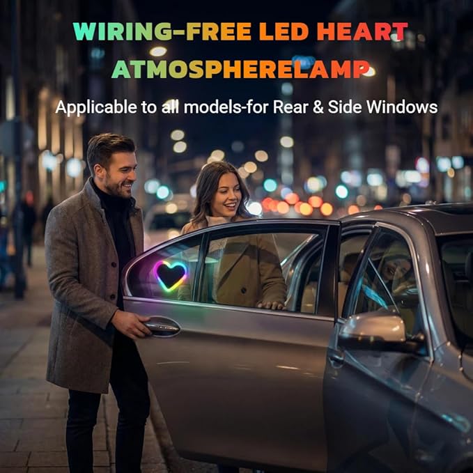 Car LED Ambient Lighting - 7 Colors 8 Modes RGB Solar Powered&USB Charging Heart-Shaped Neon Light for Window IP65 Waterproof Car Interior Light Decoration(2Pcs)