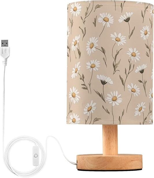 Fustylead Daisy Flower White and Tan Bedside Table Lamps with USB Port for Bedroom Lamp Accent Table Lamp Small Nightstand Lamp Sturdy Linen Shade Wooden Decorative Lamps for Office Dorm Home