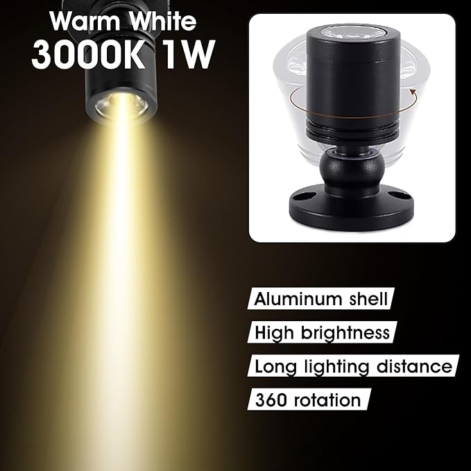 DEDC 6pcs Mini LED Spot Lights, 1W 5V 3000K Under Cabinet Lights, Mini Spotlights for Displays with Dimmer (Warm White-Pushbutton Switches-USB Plug)