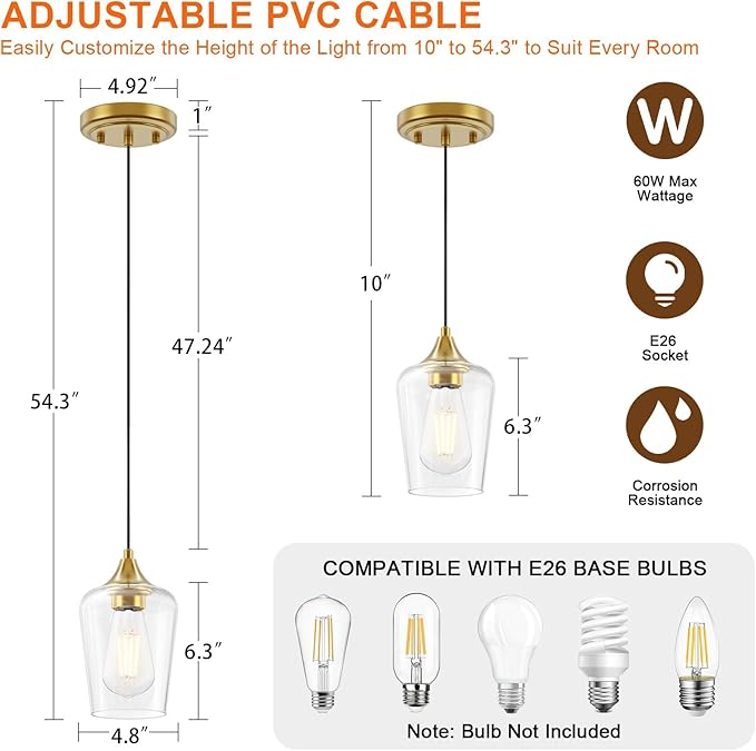 Ralbay Farmhouse Brushed Gold Pendant Light 3-Pack, Pendant Light Fixtures with Wine Clear Glass Shade, Kitchen Island Lighting for Dining Room, Rustic Adjustable Hanging Lighting Fixture