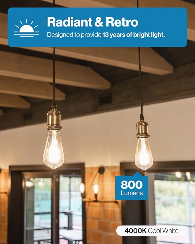 Sunco 100 Pack Edison Bulbs LED ST64, Clear Vintage Filament Waterproof Bulb, 800 LM, 8W (60W Equivalent), ST19, 4000K Cool White, E26 Medium Base, Decorative Dimmable UL