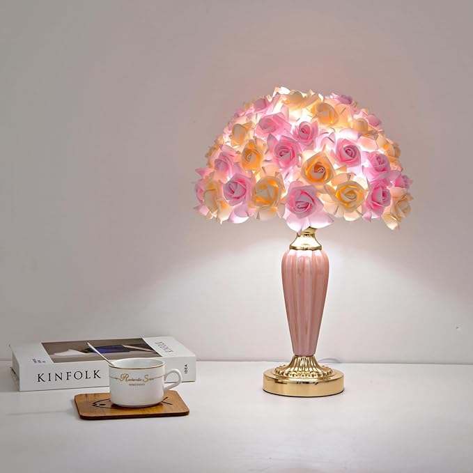 Pink Flowers Lamp Fabric Flower Bedside Lamp Romantic Rose Bouquet Table Lamp for Wedding Decor Girl Bedroom Valentines Dating Living Room Hotel Office