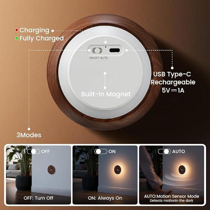 Wood Flower Motion Sensor Night Light, Mini Lamp with Embossed 3D Floral Surface, Rechargeable Warm Light, Stick-On Magnetic Mount for Home Decor, Bedroom, Hallway, Stair (Round Black Walnut *1Pack)