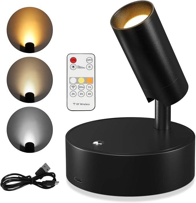 Wireless Led Spotlight Indoor, Rechargeable Uplighting Indoor with Remote Dimmable, 350° Rotate, Battery Powered Ceiling Spotlight for Artwork Painting Tree Plant Picture Lights