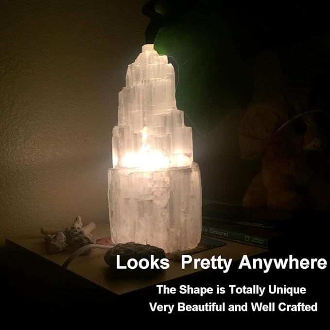 JIC Gem Natural Selenite Lamp 8" White Selenite Crystal Rock Lamps with Switch Cord and Bulb