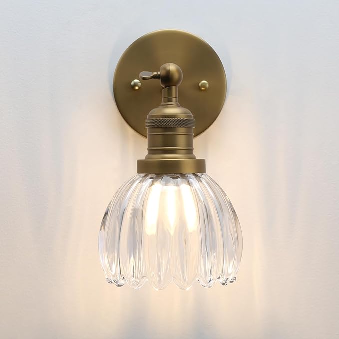 Pathson Adjustable Wall Sconce Lamp with Tulip Thick Glass, Hardwired Bathroom Sconce Brass Gold Wall Vanity Light Fixture for Living Room Farmhouse Bedside Lighting