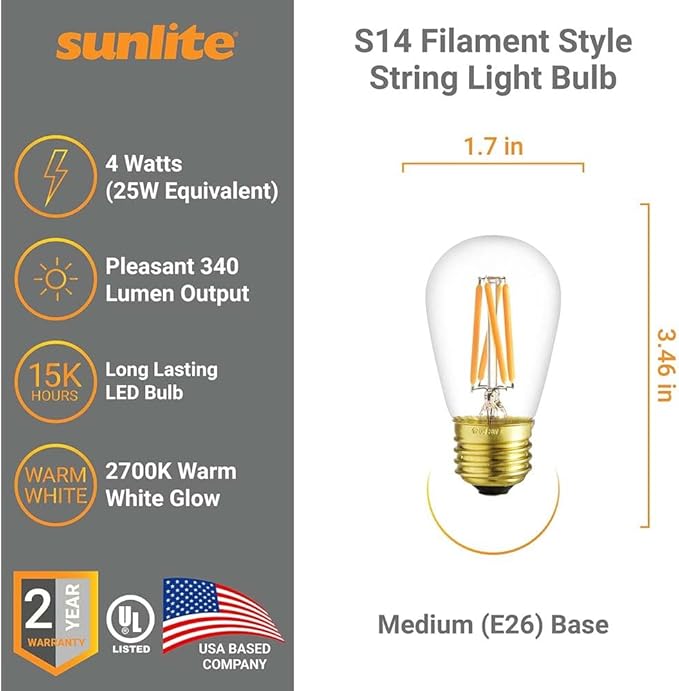 Sunlite 40322 LED S14 Glass Filament Style String Light Bulb, 4 Watts (25W Equivalent), 340 Lumens, Medium Base (E26), Dimmable, UL Listed, High 90 CRI, 2700K Warm White, 6 Count