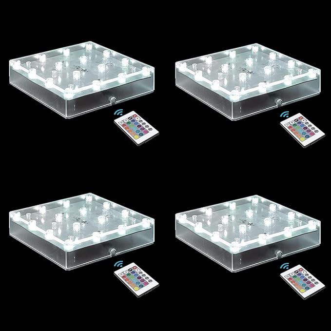 LARDUX Pack of 4 Square LED Light Base with Remote -5 Inch Multicolor Display Pedestal Light Base for Glass Crystal Sculpture Vase Decoration - Charging USB or Battery Powered
