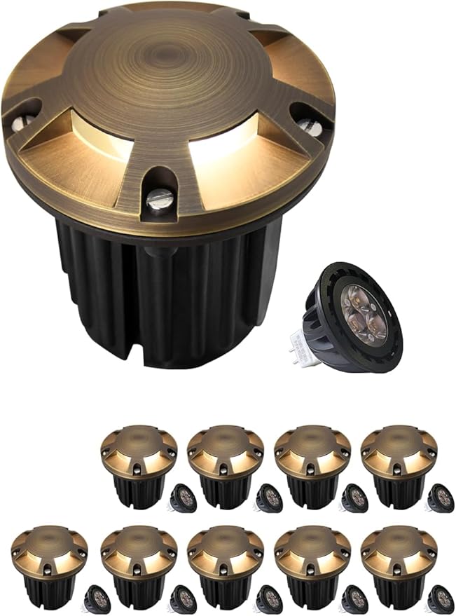 MALORY Brass Top Cover Landscape Well Lights, 12V Low Voltage Outdoor In Ground Lights,Landscape Lighting for Pathway, Driveway, Garden 1 Pack with Bulb (Five-Direction Turret, 10-Pack with Bulb)