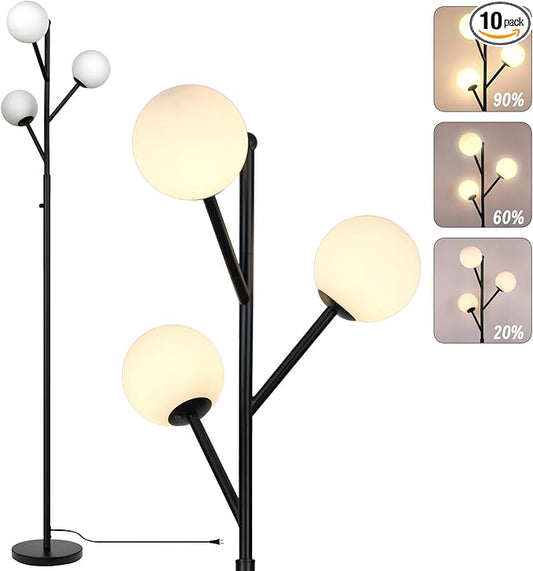 3-Globe Mid Century Black Tree Floor Lamp for Living Room,70in Tall Modern Stepless Dimmable Standing Lamp with Frosted Glass Shade for Office Bedroom, Study Room Bulbs Included(dimmer-Black)