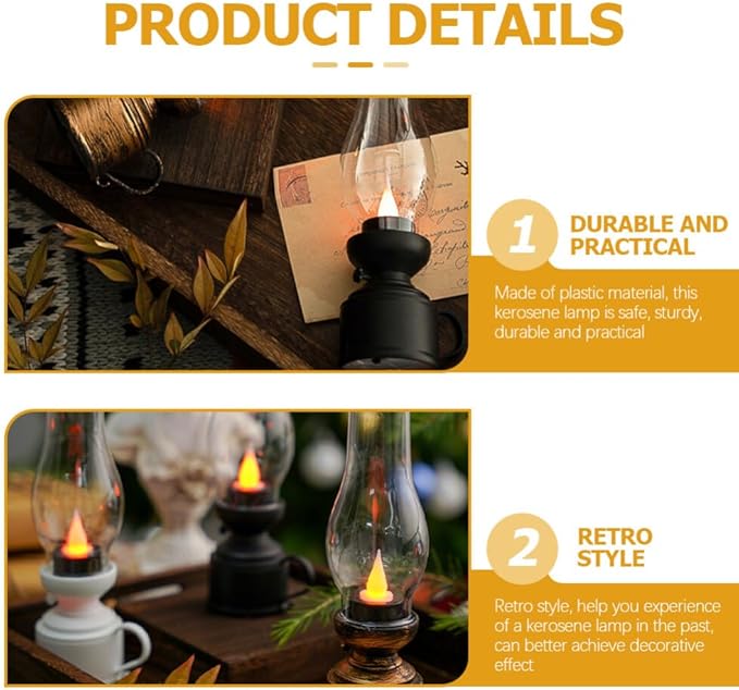 Zerodeko Kerosene Lamp Vintage Flameless Table Lamp Led Kerosene Lantern Clear Hurricane Lamp Battery Operated Nightstand for Bedroom Living Room Black