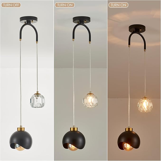 2 - Light Modern Pendant Light with Crystal Accent, Black Pendant Light Hallway, Unique Hanging Light Fixture for Entryway Bedroom Kitchen Island