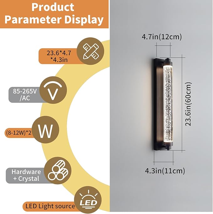 Black Outdoor Wall Sconce, 23.6inch Bubble Crystal Modern Wall Mounted Lights, 3000K-6500K Dimmable Waterproof LED Exterior Lamp Lighting for Porch, Garage, Patio, Living Room, Indoor