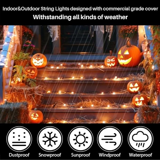 Orange Halloween Lights Battery Operated,2PK18Ft 50 LED Mini String with Timer 8 Modes Twinkle Light Outdoor Waterproof for Tree Garland Decor