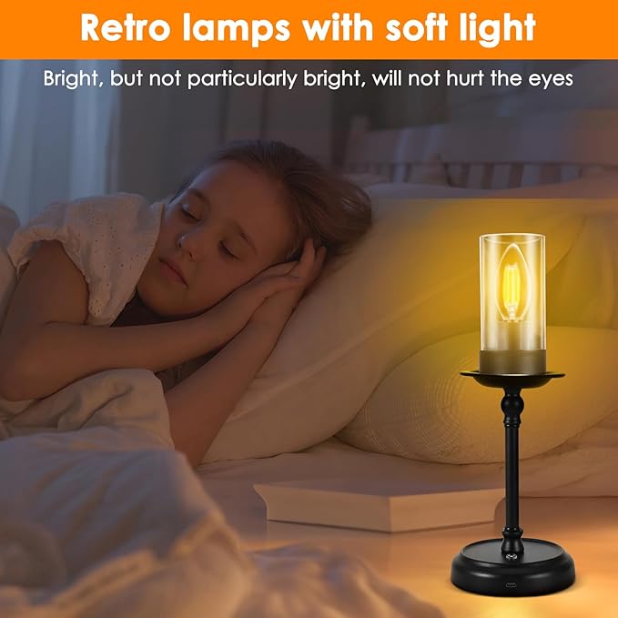 Houkiper LED Candle Table Lamp, 12.6inch Tall Vintage Desk Light with Clear Shade, 3000k Warm Light, Dimmable Night Light for Living Room, Bedroom, Office (Adapter Not Included)