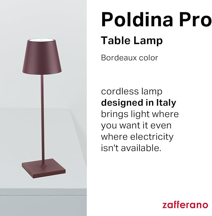 Zafferano, Poldina Pro Lamp, Rechargeable Cordless Table Lamp with Touch Controls, Suitable for Indoor and Outdoor, Dimmer, 2200-3000 K, Height 14.9 Inches, Bordeaux Color