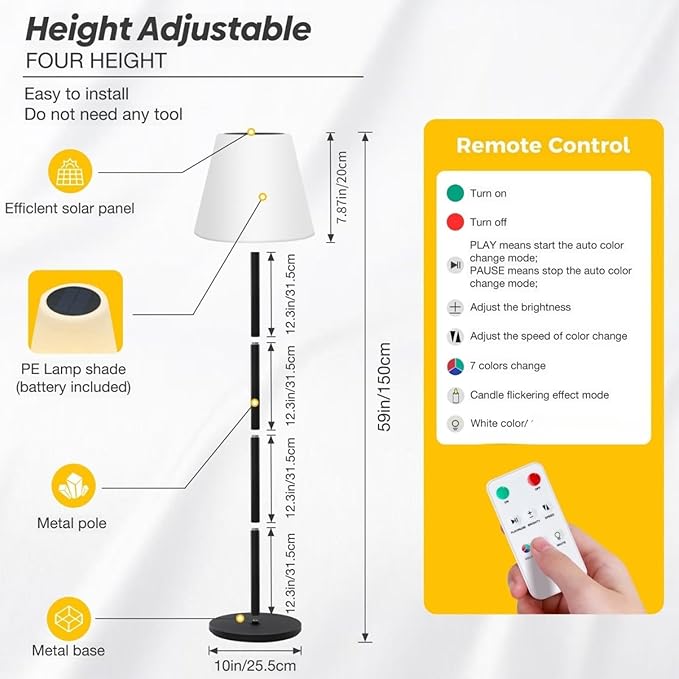 Outdoor Floor Lamp Solar Powered Outdoor Lamps for Patio Waterproof,Rechargeable Indoor Cordless Floor Lamp with Light Sensor,Dimmable Warm White+RGB LED Outdoor Lamp for Lawn,Pool,Garden.