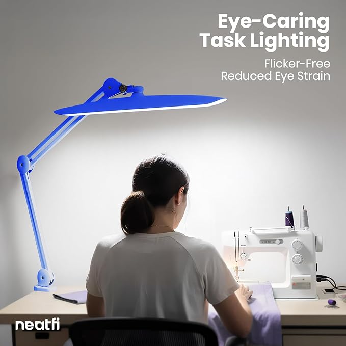 Neatfi XL LED Desk Lamp with Clamp, 2200 Lumens, 24W, 20-Inch Wide Head, Dimmable 4 Brightness Levels, Task Light for Home Office, Crafts, Workbench (Non-CCT, Sapphire Blue)