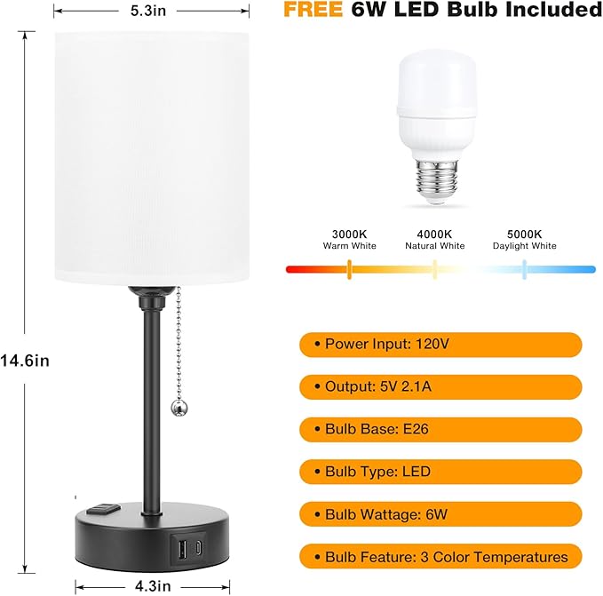 Bedside Table lamp for Bedroom Set of 2-3 Color Temperatures Small Lamps with USB C and A Ports, Pull Chain Table Lamps with AC Outlet, White Nightstand Lamps with Black Metal Base for Kids Reading