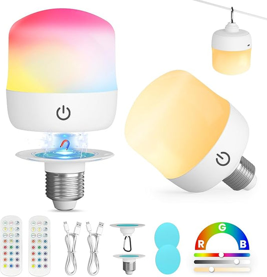 Rechargeable LED Light Bulb: Battery Powered Lights Bulb with Remote, 4000mAh E26 15 Color Modes Dimmable Night Lights with 3 Timer, Detachable Wireless Puck Light Bulb for Lamps/Wall Sconce, 2 Pack