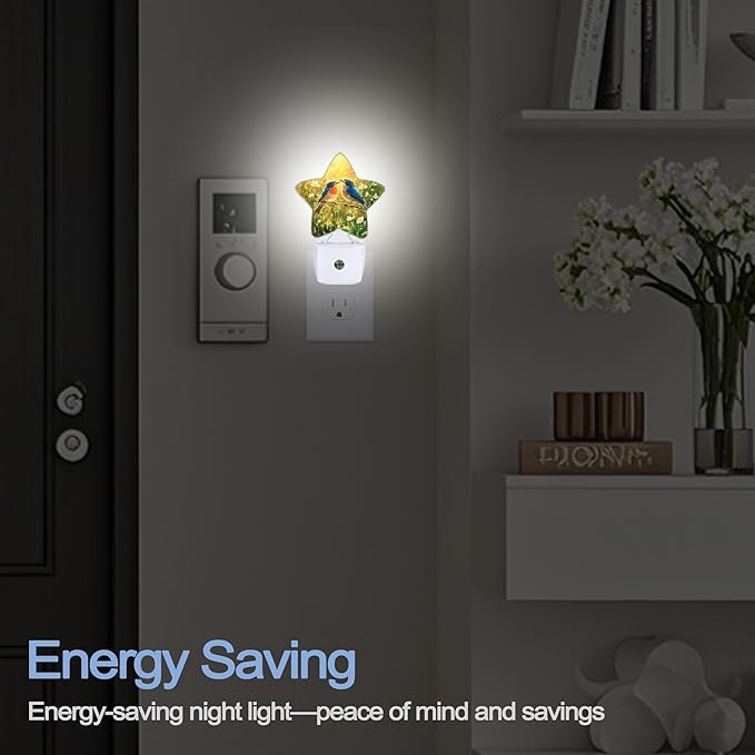 Bird Flower Night Lights Plug Into Wall,Spring Watercolor Birds Star Night Light for Kids,Nightlight with Dusk to Dawn Smart Sensor for Bedroom Bathroom Decor,Children Women Men Gift