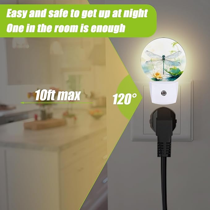Dragonfly Watercolor Night Light,Plug-in Night Lights with Dusk-to-Dawn Sensor for Bedroom Bathroom and Living Room Sleep Friendly lamp
