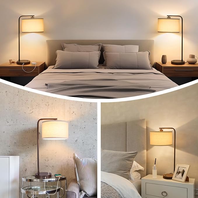 Tall Table Lamp with USB C+A Ports, Fully Stepless Dimmable Modern Minimalist Bedside Nightstand Lamp, Reading Desk Lamp for Bedroom, Living Room, Study Room, Office, 9W 3000K LED Bulb Included