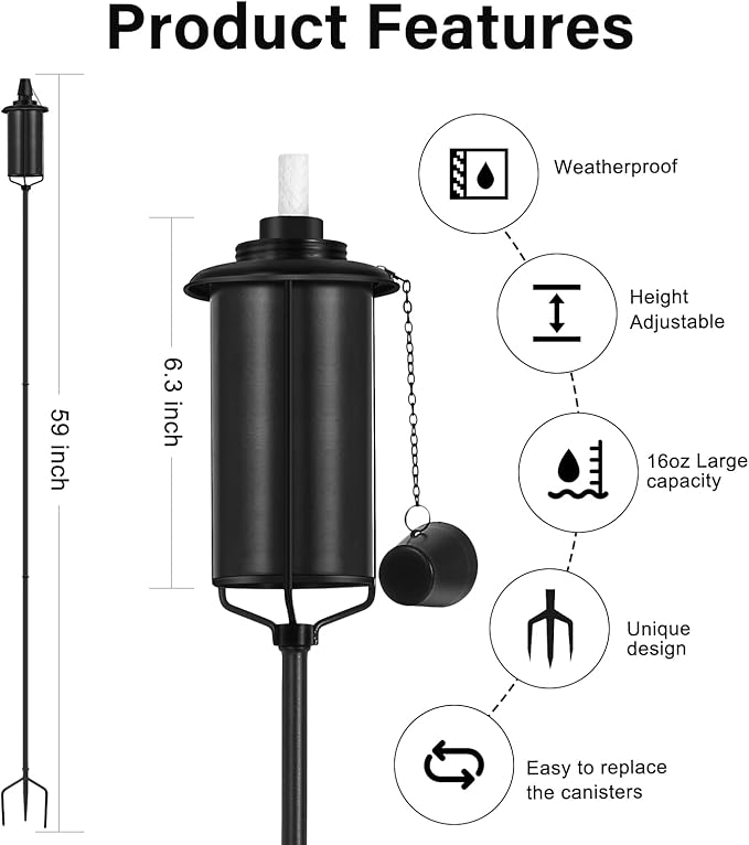 6 Pack Garden Torches, 16 oz Metal Torch for Outside with 3-Prong Grounded Stake, Outdoor Decorative Citronella Torches, 59 inch Garden Décor Torches