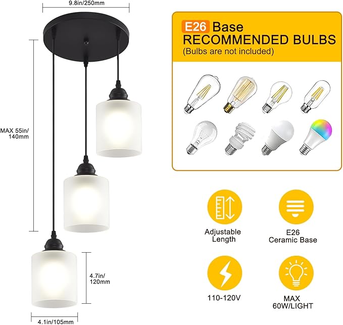 3 Lights Industrial Pendant Light with Glass Shade Matte Black Pendant Lighting Adjustable Industrial Retro Style Hanging Light,Kitchen Island Farmhouse Pendant Lights Fixtures for Kitchen,Farmhouse