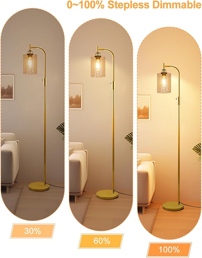 Lightdot 63IN Glass Floor Lamp for Living Room, Dimmable Gold Floor Lamps with Clear Glass Shade, Mid Century Modern Standing Lamps with Bulb Included for Bedroom/Sofa Beside/Corner Decor-Gold