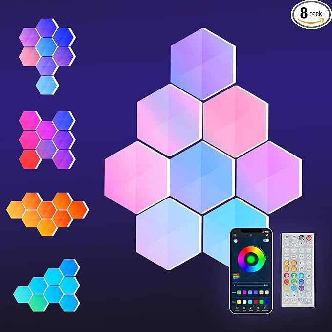 Smart Hexagon Lights DIY Hexagon Led Light App & Remote Controlled & Music Sync Features USB & Type C Modern RGB Wall Panels for Living & Gaming Decor (8Pack)