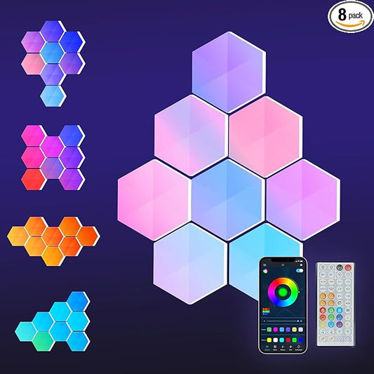 Smart Hexagon Lights DIY Hexagon Led Light App & Remote Controlled & Music Sync Features USB & Type C Modern RGB Wall Panels for Living & Gaming Decor (8Pack)