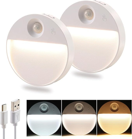 DAMI Rechargeable Motion Sensor Night Light Indoor, 2 Pack - Dimmable LED Closet Lights with 3 Color Temperatures, Magnetic Stick-On Wireless Under Cabinet Lighting for Hallway, Stairs, Kitchen
