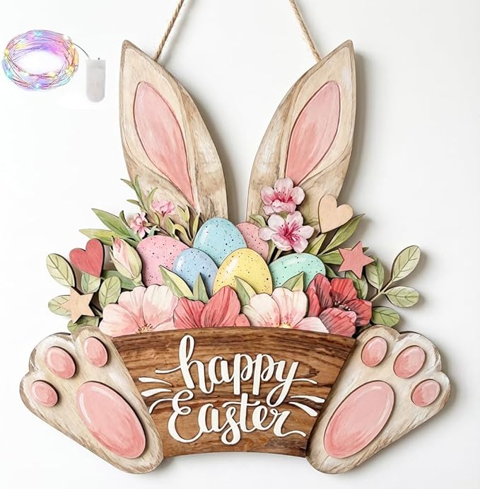 Happy Easter Door Decorations Hanging Sign for Decor for Frontdoor 11.8 Easter Eggs Hanging Plaque Bunny Rabbit Sign Wall Hanger Floral Spring Decor for Front Door Porch Yard Wall Home Decorations