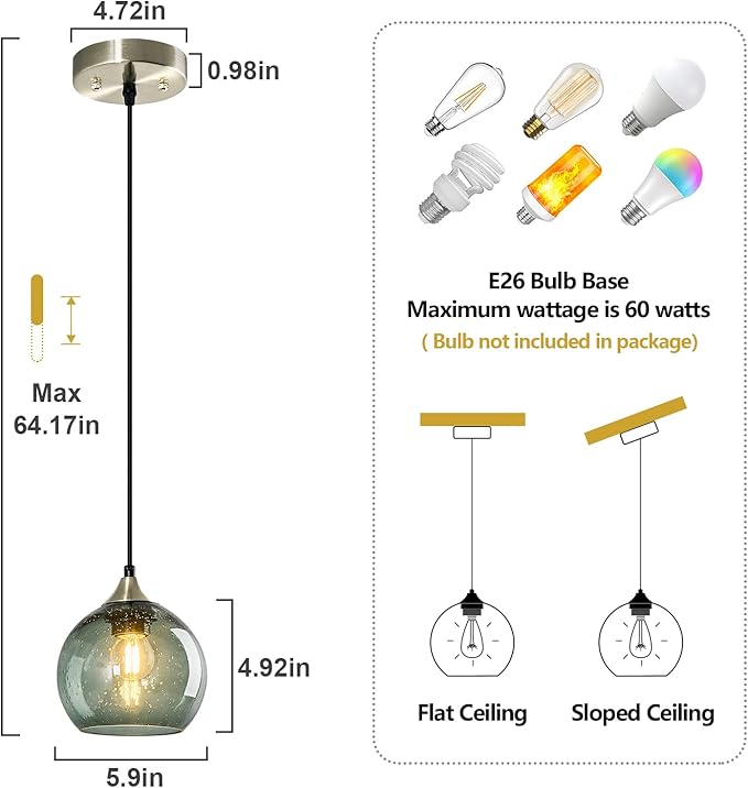 Gray Green Glass Pendant Lights Kitchen Island Lighting Globe Pendant Light Fixtures Modern Pendant Lighting for Kitchen Island Bedroom Living Dining Room Light Fixture(5.9in, 2-Pack)