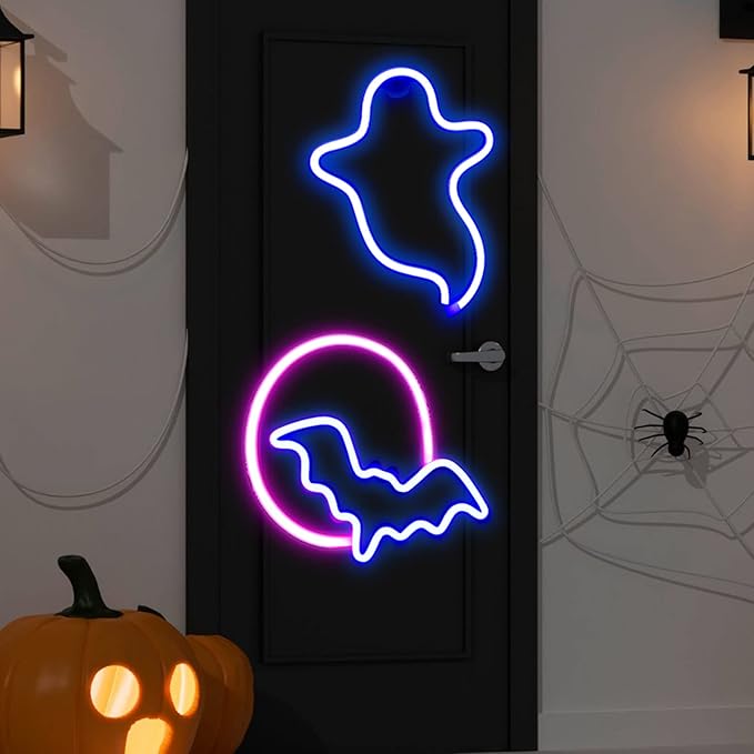 Amylove 2 Pcs Halloween Decoration LED Neon Sign Lights, Ghost and Bat LED Neon Lights, Glowing Moon Hanging Sign USB/Battery Powered for Halloween Party Wall Window Decor Gift Indoor