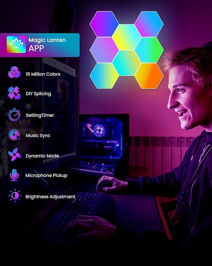 8-Pack RGB Hexagon Led Lights - Wall Panels with APP & Remote Control, Cool Music Sync - Multicolor 8PCS for Gaming, Living & Bedroom
