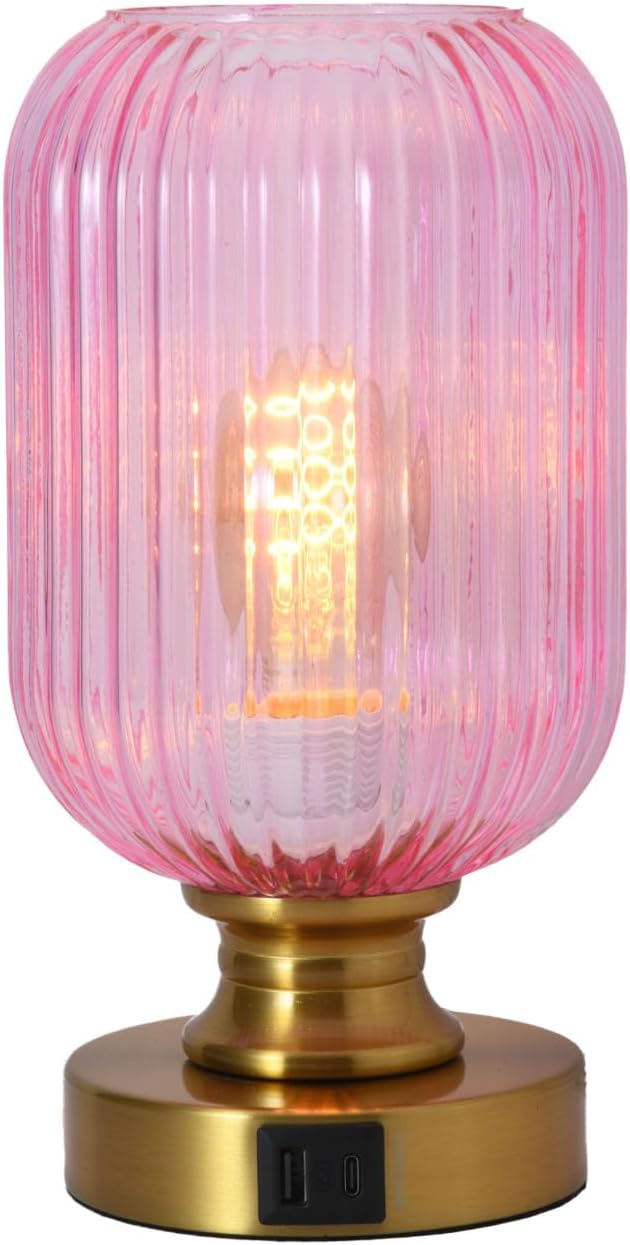 Mid Century Glass Table Lamp,Dimmable Desk Lamp,LED Bulb Included,Touch Control & USB A+C Port,Pink Ribbed Glass