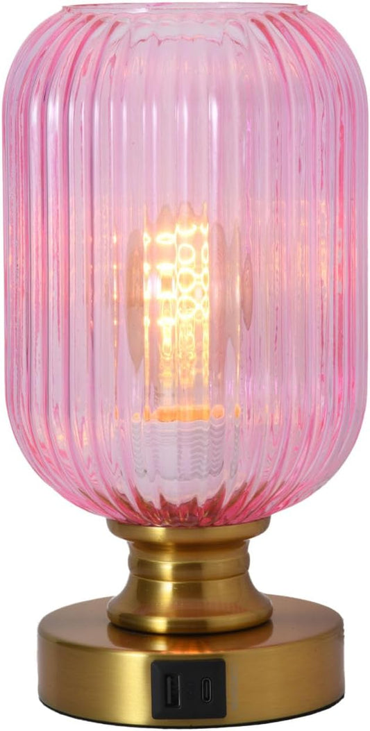 Mid Century Glass Table Lamp,Dimmable Desk Lamp,LED Bulb Included,Touch Control & USB A+C Port,Pink Ribbed Glass