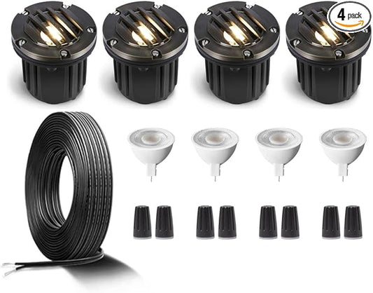 Gardenreet Brass Low Voltage Well Lights Kit(4 Pack) with MR16 Bulb & 100Feet Wire & Connectors, 12V AC/DC LED In Ground Landscape Lights for Outdoor Yard Garden Paver Tree Path(Grated Top)
