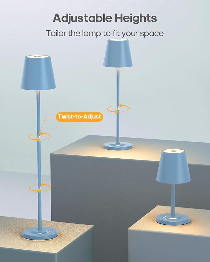 LED Cordless Table Lamp Rechargeable, 3-Height Adjustable, 5500mAh Battery Operated Lamp, 3-Color Dimming Touch Lamp, Portable Lamp for Dining, Bedroom,Camping, Outdoor, Indoor(Blue 1 Pc)