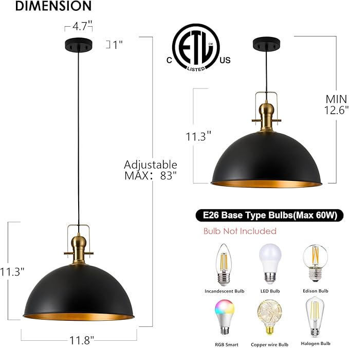 12 Inch Black Farmhouse Pendant Lights Matte Pendant Lights for Kitchen Island Industrial Adjustable Height Vintage Dome Hanging Light Fixtures for Barn Dining Room 3 Packs