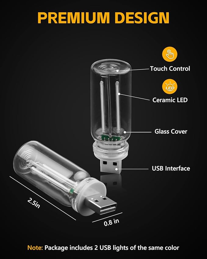 2PCS USB Lights for Car, Touch Adjustment Lights, Plug in USB Vehicle Interior Ambient Light, Mini LED Retro Bulb Glass Bottle Night Light for Camping, Holiday Decoration, Party, Bedroom (Blue)