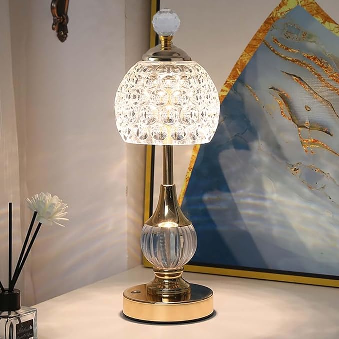 Portable Crystal Metal Desk Lamp,3-Color Touch Control, Rechargeable Battery - Ideal Bedside Lamp for Bedroom Nightstand (Gold)