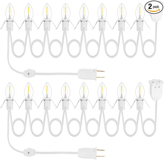 2Pack Accessory Cord with 16 LED Light Bulbs and Outlet Christmas Village Light 14.7FT White Cord with Spare Fuse Warm White C7 Lamp for Halloween Pumpkins Christmas Village Houses Craft Decoration