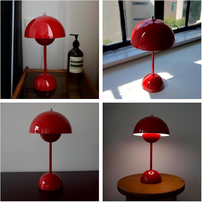 Modern Flower Bud Lamp 12" Cordless Touch Lamp Dimmable 2600mAh Rechargeable Desk Lamp Nordic Minimalist Mushroom Lamp Nightstand Bedside Lamp for Bedroom Living Room(Vermilion Red) No Reading Light
