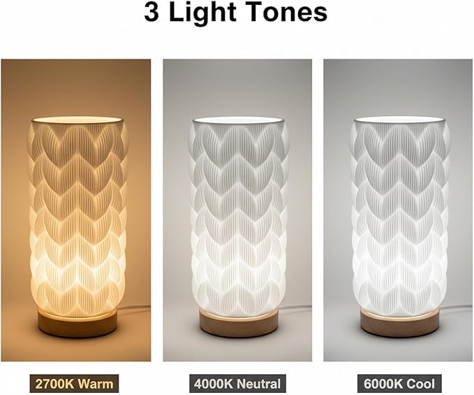 3D Printed Mini Lamp, Small Bedside Lamp with 3-Color Dimmable LED, Small Nightstand Lamp for Tight Spaces, Beautiful Lamp with Wooden Base - Honeycomb
